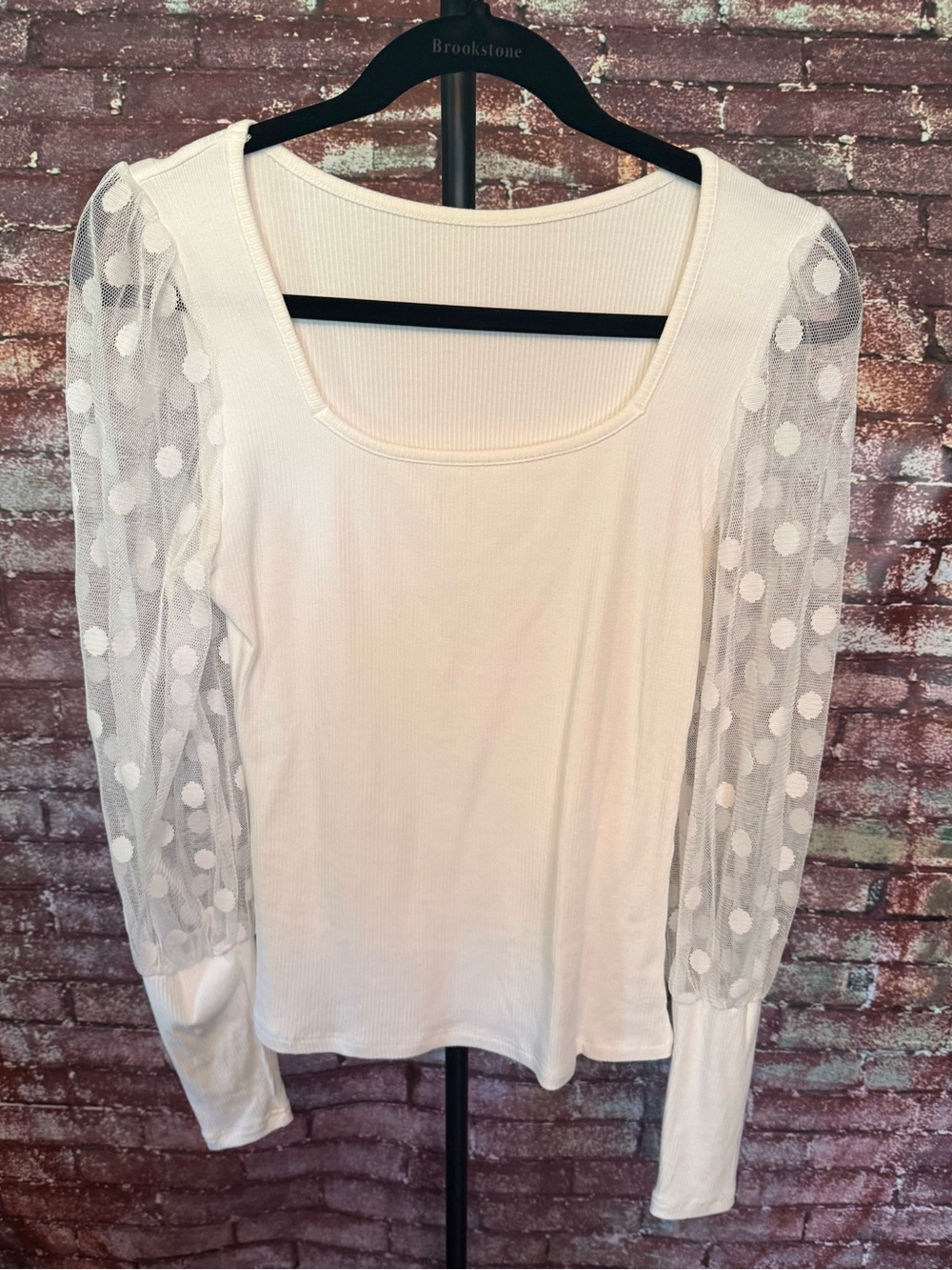 Sheer Dot-Sleeve Long-Sleeve Top in Cream